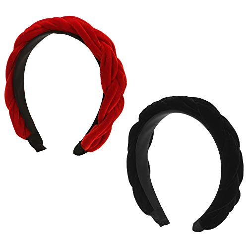 Folora 2pcs 90s Velvet Braided Knot Padded Spanish Vintage Style Headband for Women Girls (Black, Red)