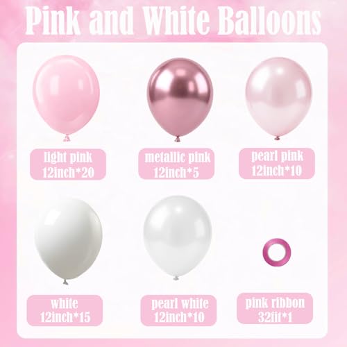 Image of Pink Balloons Set,Pink and White Balloons,60pcs12inch Metallic Light Baby Pink and Pearl White Balloon for Birthday Wedding Baby Shower Bridal Party Decorations