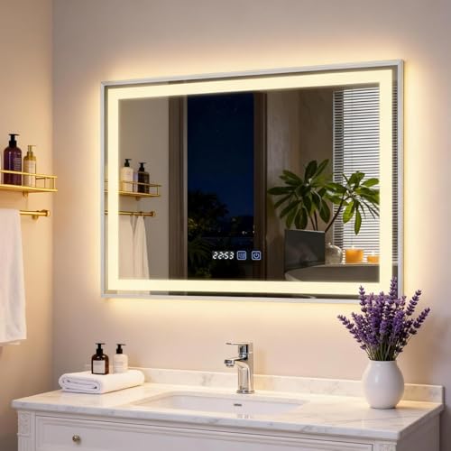 YU YUSING Badspiegel mit Beleuchtung 80x60cm Badezimmerspiegel mit Beschlagfrei 3 Lichtfarbe Dimmbar Wandspiegel Metallrahmen mit Touch-Schalter LED Spiegel mit Uhranzeige IP44 Vertikal Silber