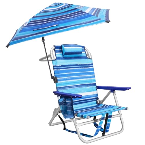 PRETZI Beach Chair, Backpack Chairs for Adults with Adjustable Umbrella, Folding Beach Chairs with Storage Pouch, Cup Holder & Towel Rack, Adjustable Lounge Chair for Seaside, Blue Strap