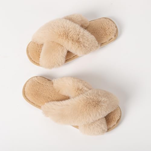 Image of Enteer Women's Slipper Memory Foam Cross Band Fuzzy Slippers Open Toe Cozy House Slippers Cozy Plush Bedroom Indoor Outdoor