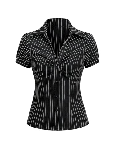 SweatyRocks Women's Striped Button Down Shirt Ruched Short Sleeve Fitted Work Blouses