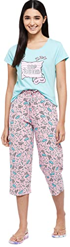 Image of Max Women Nylon Printed Round Neck Capris Set T-Shirt with Capris