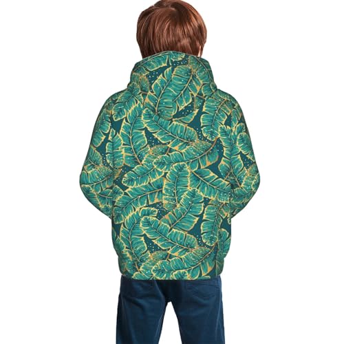 Gold and Green Tropic Leaves Kid Hoodies Boys Sweatshirts Girls Pullover with Pocket4
