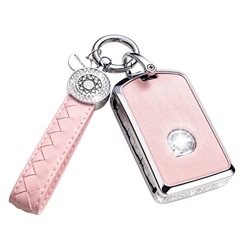 RUABIBAN Key Fob Cover Compatible with Volvo Pink Leather Crystal 360 Degree Protection Key Shell Case for XC90 XC60 XC40 S60 S90 V60 V90 Polestar 1 Polestar 2