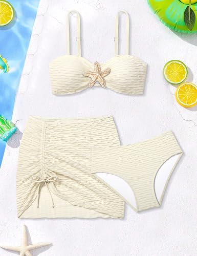 Image of Girls Swimsuit Double Strap High Waist Sporty Bikini Swimsuits Swim Cover Up Skirt 3 Piece Set