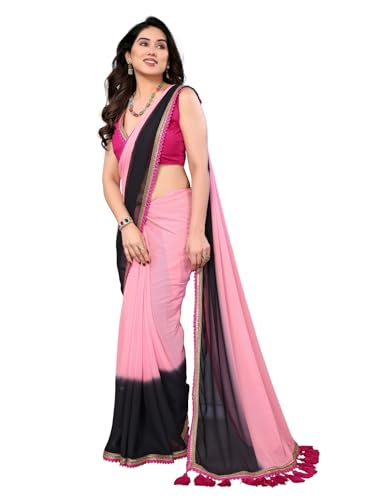 Image of RAJESHWAR FASHION WITH RF Women's Fancy Desian Ombre Georgette Saree For Women With Latkan Tassels Lace Border & Unstitched Blouse