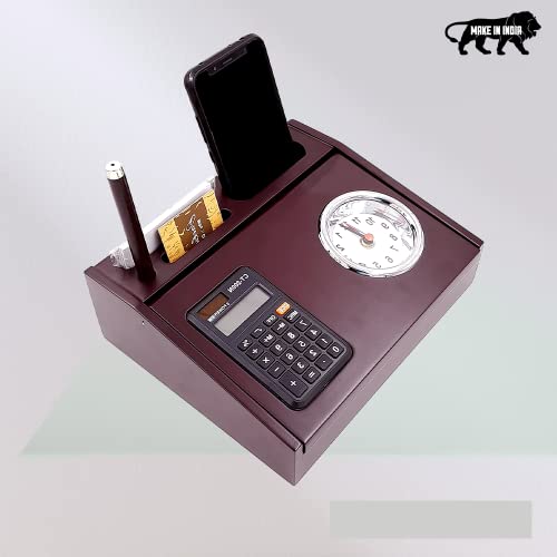 Image of All in One Multi Storage Wooden Desk Organizer for Office Table & Student Desk, Wooden Pen Stand for Office Table with Clock Calculator Drawer, Pen Holder & Mobile Holder Stand