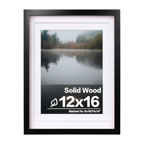 Egofine 12x16 Picture Frame Black Covered by Plexiglass Made of Solid Wood, Display Pictures 9x12 and 11x14 with Mat or 12x16 Without Mat for Wall Mounting Photo Frame