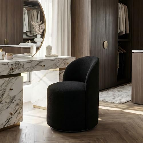 Image of HNY Upholstered Kitchen & Dining Room Barrel Chair, Mid Century Modern Round Sherpa Boucle Dining Chair, 360 Degree Swivel Comfy Armless Accent Makeup Vanity Side Chair for Bedroom Living Room, Black