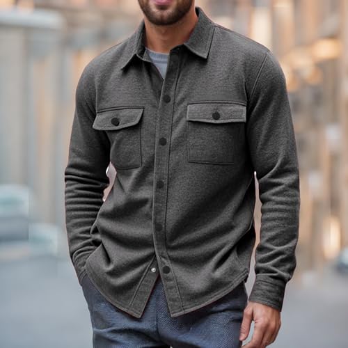 Men's Polar Fleece Shacket Casual Long Sleeve Button Down Shirt Jacket Wrinkle-Free Classic Coats with Flap Pockets2