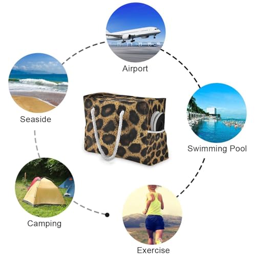 Leopard Print （2） Beach Bag & Travel Tote Bag Large Sandproof with Zipper Closure, Wet Pouch for Swim Gym Travel, Lightweight Foldable Outdoor Bag4