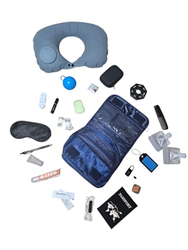 Kit de Viaje Completo - Neceser de Viaje, Porta Documentos, Costurero, Toallitas, Botes 30ml, Almohada de Cuello, Cepillo de Dientes Viaje, Antifaz, Candado, etc