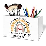 HYKDFMNCJ Speech Language Pathologist Pen Holder for Desk, Boho Rainbow SLP Wooden Box Sign Desk Decor for Therapy Office Decoration, Therapist Pencil Organizer, Speech Therapy Gifts