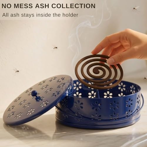 Image of DSH Metal Mosquito Coil Holder with Lid & Handle Ash Catcher Stand for Mosquito Coil Indoor Outdoor Safe Use (Blue)