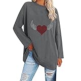 Tunika Damen Langarm Longshirt Große Größen Lange Oberteile Bedruckte Longbluse Longpullover T Shirt Casual Lose Elegant Pullover Bluse Sweatshirt Langarmshirt Hemd Tops, Dunkelgrau, XL