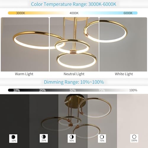 Miniatura 6 de 4 Anillos Redondos Lámpara De Techo Led Dorada Diseño, Candelabro De Ø75cm 85w Regulable Forma Continua, Colgante De Electrochapa De Metal Creativo, Lámpara Moderna Para Dormitorio, Sala De Estar