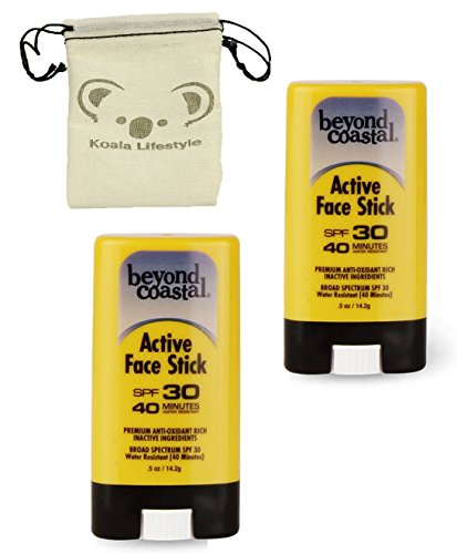 Beyond Coastal Active Face Stick SPF 30 Sunscreen | All Natural Paraben Free Sun Block Protection | 2pk Bundle + Pouch, 1 Ounce