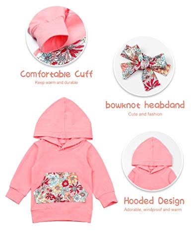 Image of Baby Girls Long Sleeve Flowers Hoodie Tops and Pants Outfit with Kangaroo Pocket Headband