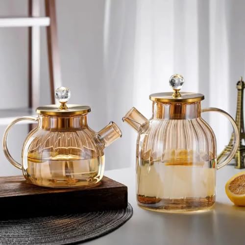 Image of PrimeWorld Premium Amber Glass Teapot with Lid - 1 Litre | Elegant Glass Pitcher for Hot Water, Milk & Serving (1 Pc)