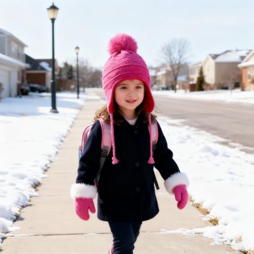 Image of Kids Winter Beanie Hat Mittens Set Warm Fleece Hat Baby Toddler Knitted Hat & Gloves for Boys, Girls