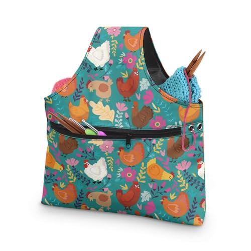Image of KUIFORTI Boho Yarn Bag Cute Chicken Knitting Needles Holder Bag Yarn Project Bag Needlework Tool Tote Bag with Front Zipper Pocket Lightweight Casual Shopping Handbag Large Size