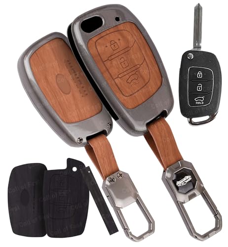 Image of Car Key Cover Compatible with Hyundai Creta, Venue, Tucson, Alcazar, i20, Grand i10 Nios, Aura, Xcent, Exter 3-Button Smart Flip Key (Dual Leather Metal (Black & Brown))