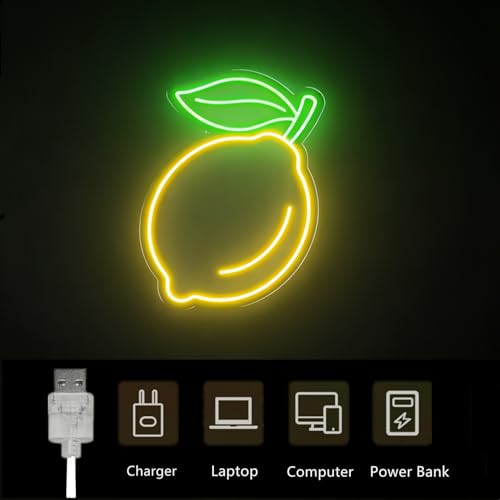 Image of Lemon LED Sign,Cute Lemon Neon Sign Decorations,Fruit Light up Signs Hanging Wall Art Lamp for kitchen Bar Club Party Fruit Shop Restaurant Bedroom,5V USB Powered,Dimmable Design