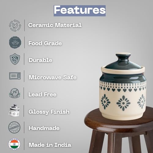 Image of Classyo Ceramic Storage Containers - 600 ml, Salt Container, Pickle Jar with lid, Ceramic Jars for Kitchen Storage for Achar and Namak (Gray Floral, Set of 2)