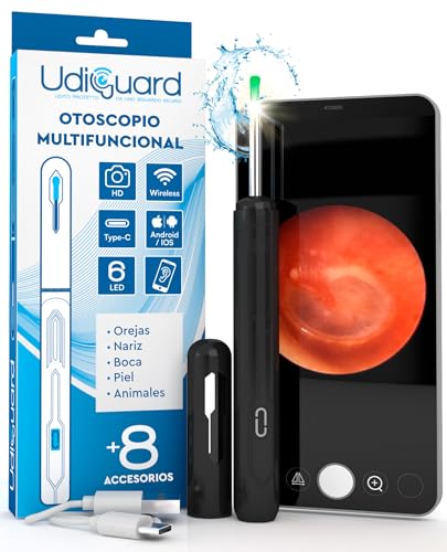 Otoscopio Limpiador de Oídos con Cámara 3,6mm 1920p WiFi Endoscopio de Oídos - UdiGuard Eliminación de Cerumen Digital 6 Luces LED Compatible con iPhone iPad y Android - Adultos Niños Perros Negro