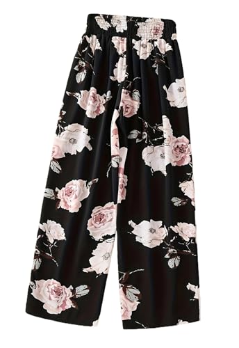 Women's Summer Boho Palazzo Pants for Women Elastic High Waist Straight Floral Pants Casual Loose Lounge Beach Trousers