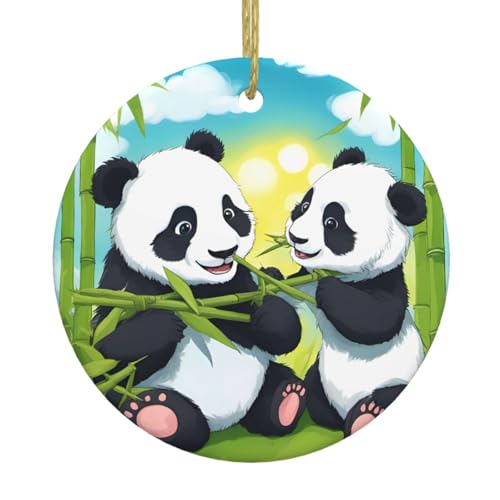 WHJSSF Colgante redondo de cerámica con diseño de dos pandas felices para decorar tiendas, puertas y ventanas