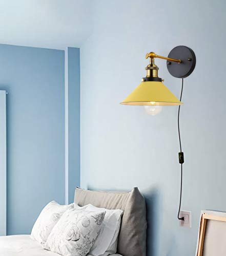 Image of ANYE Wall Sconces with UL Plug-in Button Black Cord Retro Minimalist Style Macaron Yellow Iron Lampshade Decor Lights Fixtures for Loft Cabinet Kitchen Hotel Bulb Sold Separately