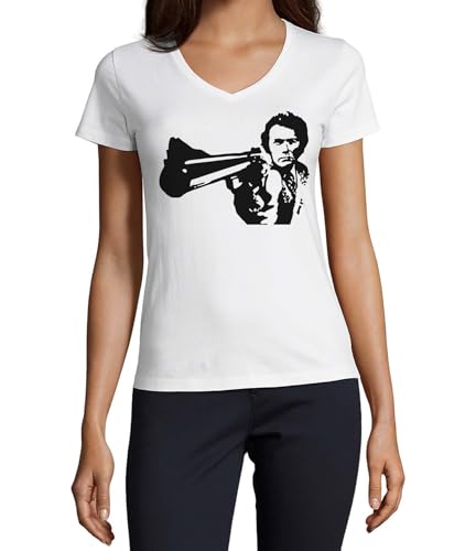 T-shirt col en V pour femme en coton blanc Man Aiming