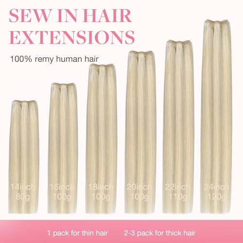 Image of GOO GOO Sew in Hair Extensions Real Human Hair, Weft Hair Extensions Human Hair, 17A /60A Ash Blonde Highlighted Platinum Blonde 22inch 110g, Weft Bundles Straight Silky Remy Hair
