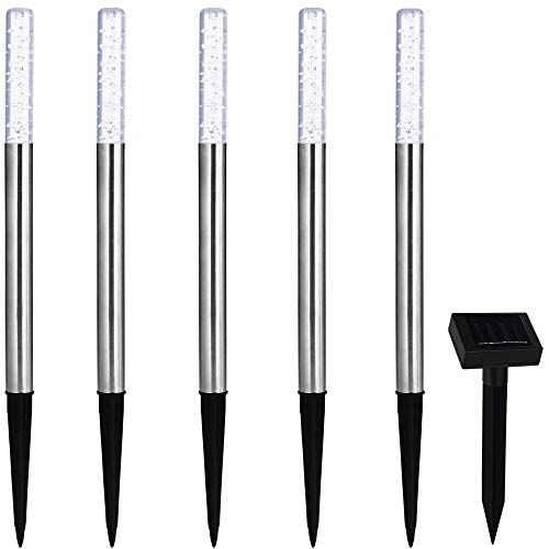 Preisvergleich Produktbild ISOTRONIC"Blubber" Leuchtstäbe Solarlampe Gartenbeleuchtung Outdoor Garten Terrasse Edelstahl Solar 5 Steckleuchten Akku 8 Stunden Laufzeit Farbauswahl 48cm (kaltweiß / coldwhite)