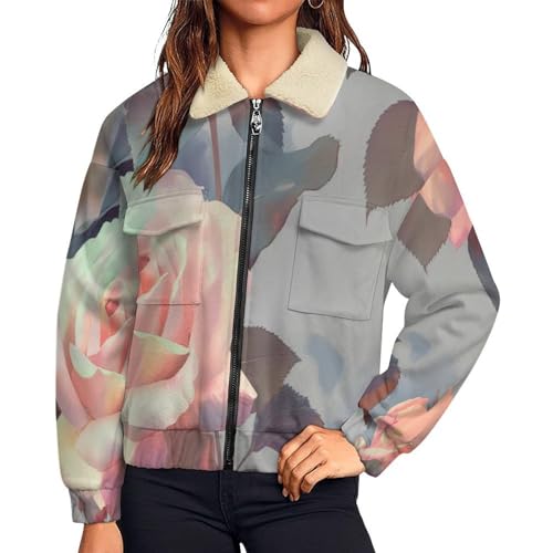 Chaqueta de forro polar para mujer con cremallera y estampado de flores rosas