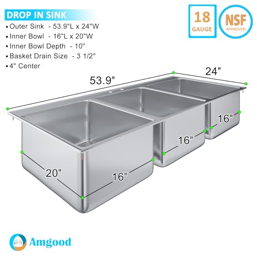 Image of Stainless Steel 3 Compartment Drop-In Sink.Bowl 16 in. x 20 in. x 10 in. No Faucet.
