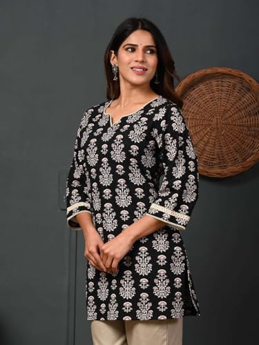 Image of Rimeline Women's Floral Printed Cotton Kurti Top | Round Notch Neck 3 /4 Sleeve Straight Fit Casual Tunic