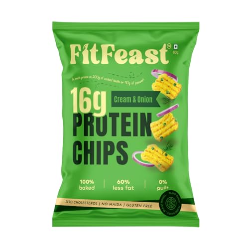 Image of FitFeast Cream and Onion Protein Chips, Pack of 12 | 16g Plant Protein Per 60g Pack | Multigrain Healthy Snack | Baked, not Fried | As Seen on Shark Tank