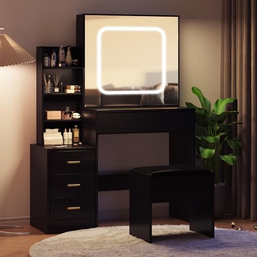 Vanity Desk with Sliding Mirror and Lights, Makeup Vanity Set with 4 Drawers, Stool, Power Outlet, Open Shelves, 3 Color Adjustable Lighting Modes, Makeup Dressing Table for Bedroom, Black