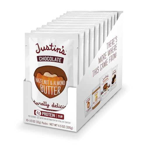 Justin's Chocolate Hazelnut &amp; Almond Butter Squeeze Pack, Organic Cocoa, Gluten-free, Responsibly Sourced, Packaging May Vary, 1.15 Ounce (Pack of 10)