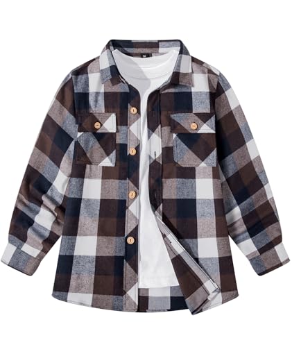 SwissWell Camisa a Cuadros Niños de Manga Larga Camisa de Franela para Niños Otoño Camisa Clásica con Botones Cuadros Ropa Café M