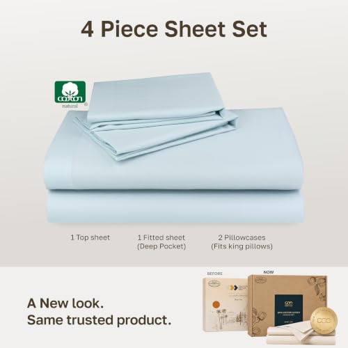 Image of Soft Natural 100% Cotton Sateen King Size Bedsheets, 4 Pc Set, Baby Blue