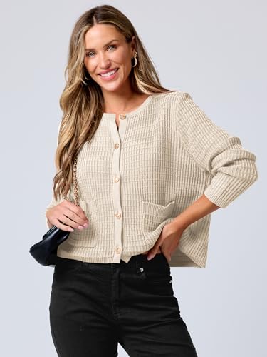 ANRABESS Women Cardigan Sweater Dressy Casual Classic Long Sleeve Crew Neck Button Down Tweed Knit Jacket 2025 Fall Outfits3