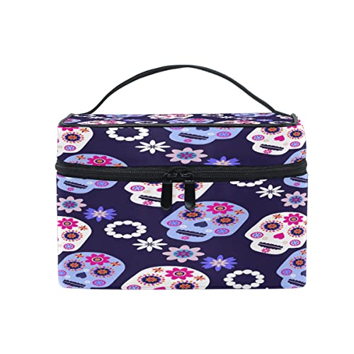 Bolsa de maquillaje, calaveras de México, flores coloridas, almacenamiento de artículos de tocador de cosméticos, gran asa de viaje, compartimentos personalizados para adolescentes, niñas, mujeres,