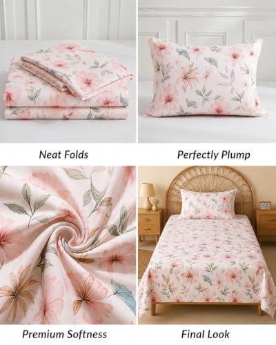 Image of VAS COLLECTIONS 240 TC Premium Cotton Single Bedsheet, Soft Breathable Comfortable Floral Printed Bed Sheet, Elegant Durable Bedding for Bedroom, Easy Care Single Bed Cover,60 x 90 Inches - Warm Pearl