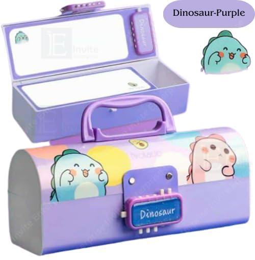 Image of Invite Kids Pen & Pencil Box - Suitcase Style Password Lock Pencil Case | Multi-Layer Stationery Organizer for Boys & Girls | Return Gift Item for Kids (School Supplies) (DPPB - Dino Purple)
