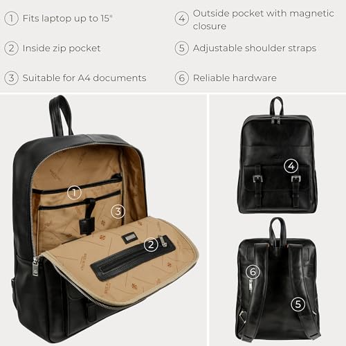 Image of Time Resistance Leather Backpack Vintage Rucksack Purse for Laptop up to 15 in Black