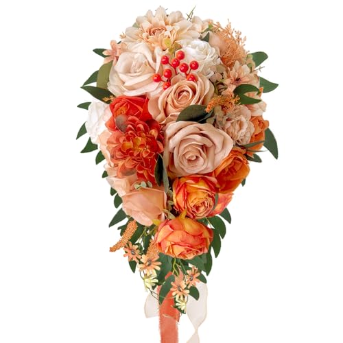 LCiclly Burnt Orange Cascading Bouquets for Bride Artificial Fall Silk